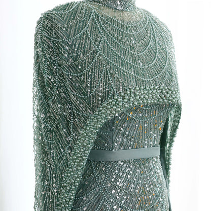 Nude Luxury Long Sleeves Muslim Evening Dresses with Cape SS369A