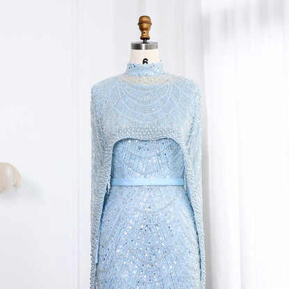 Nude Luxury Long Sleeves Muslim Evening Dresses with Cape SS369A