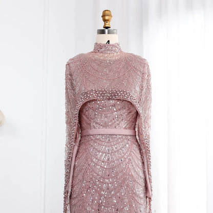 Nude Luxury Long Sleeves Muslim Evening Dresses with Cape SS369A