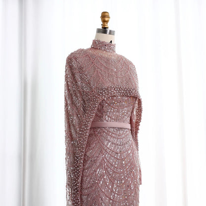 Nude Luxury Long Sleeves Muslim Evening Dresses with Cape SS369A