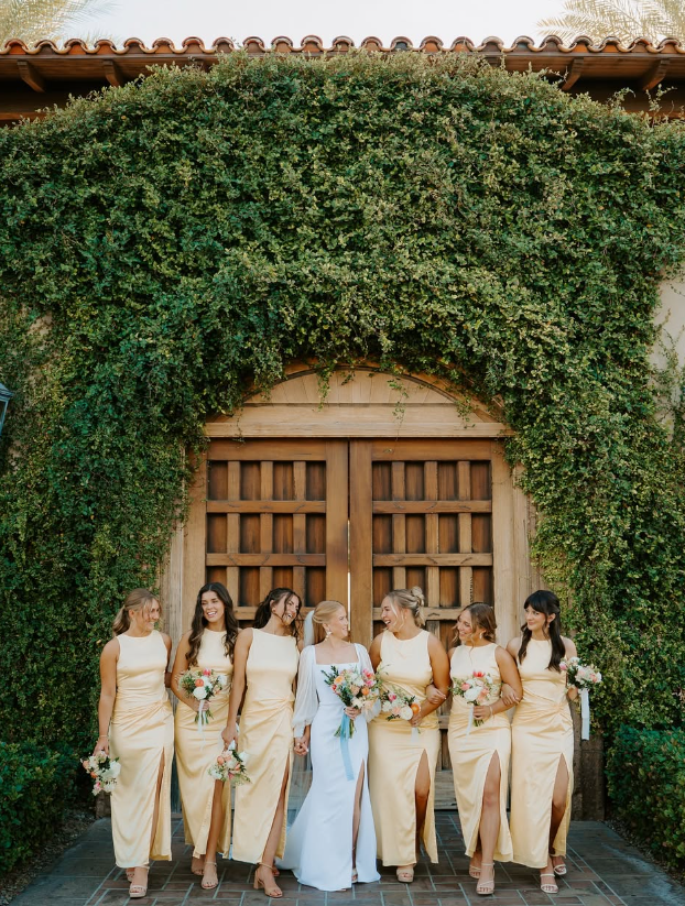 Backless A Line Round Neck Light Yellow Satin Long Bridesmaid Dress Evening Dress with Slit SH3274