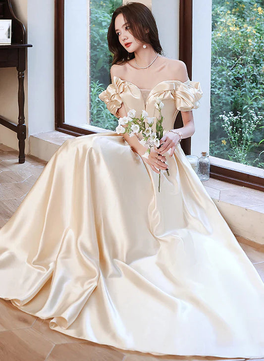 A-line Beaded Evening Dress Champagne Satin Long Off Shoulder Prom Dress