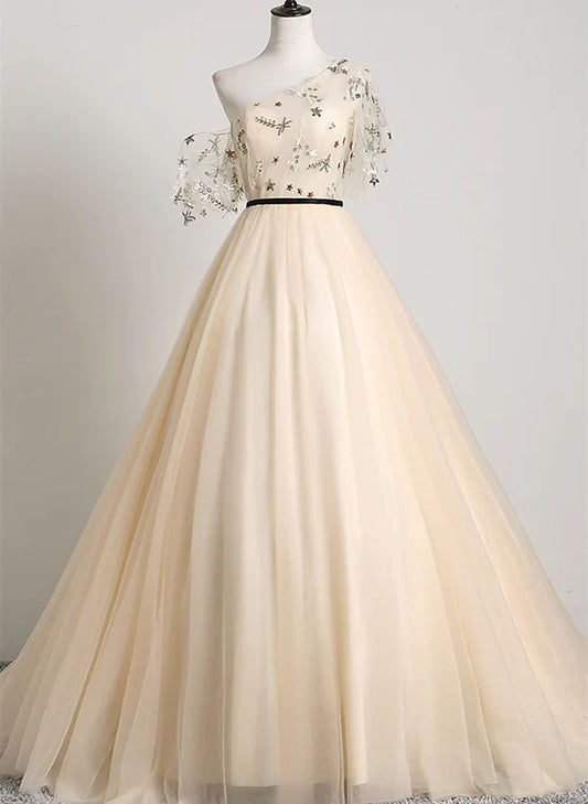A-line Champagne One Shoulder Prom Dress