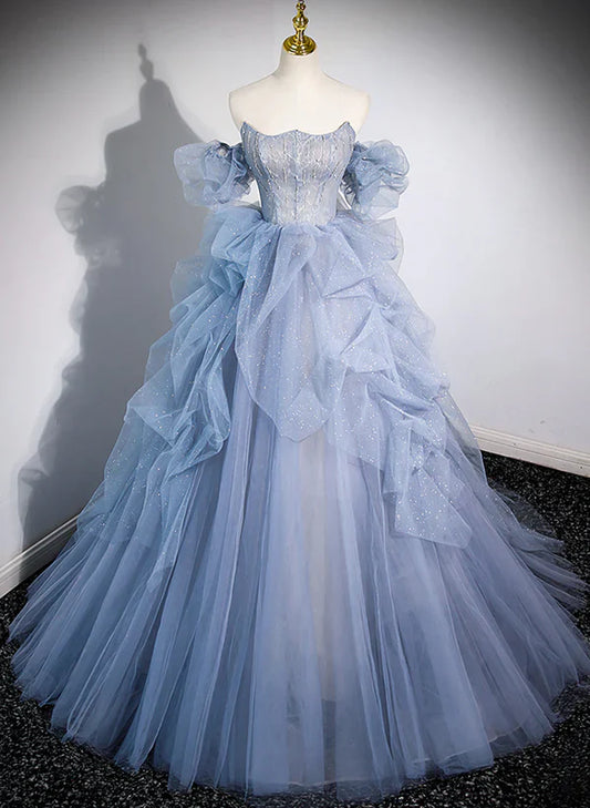 Blue Tulle Long Beaded Off Shoulder Prom Dress