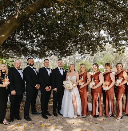 Pretty Sheath One Shoulder Brown Satin Bridesmaid Dress Evening Dress with Slit SH3207