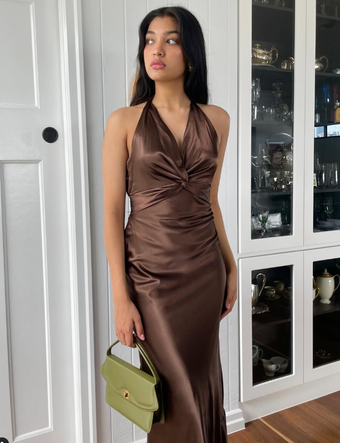 Simple A Line Halter Brown Satin Open Back Evening Dress Party Dress SH2689