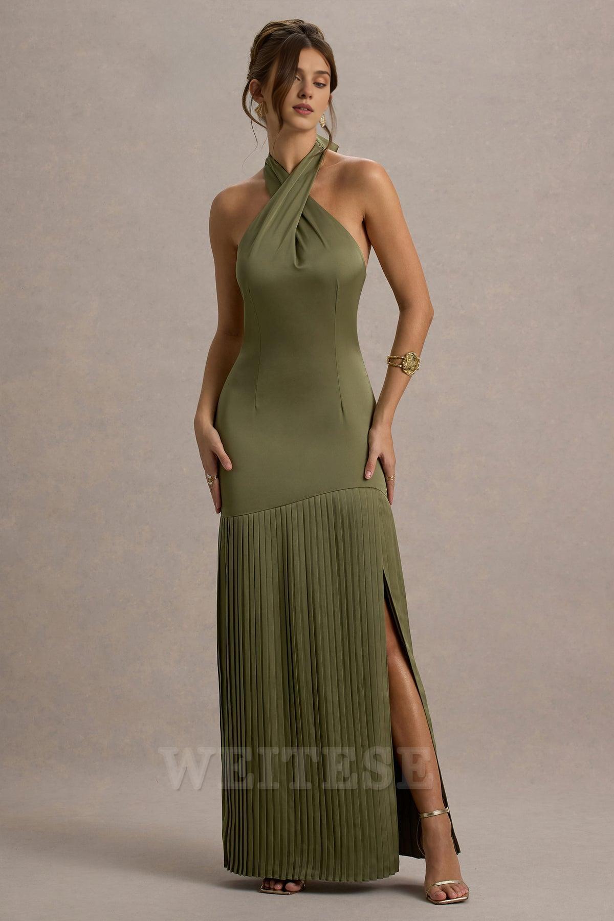 Dress Burgundy Satin Cross Halter-Neck Plisse Maxi Dress Prom Dress Lace Up Sleeveless Hem Slit Bridesmaid Dress