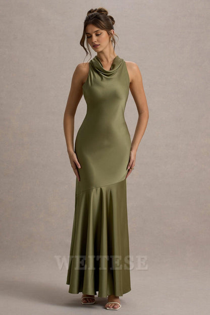 Dress Lemon Satin Cowl-Neck Maxi Dress Bridesmaid Dress Low Backless Floor Length Sheath Prom Dress