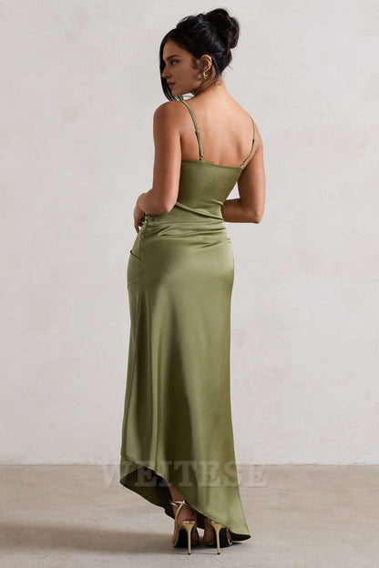 Dress Lemon Satin Cowl-Neck Asymmetric Maxi Dress Prom Dress Spaghetti Straps Sheath Sleeveless Bridesmaid Dress