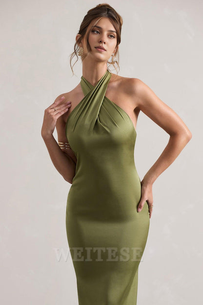 Dress Mint Green Satin Cross Over Halter-Neck Maxi Dress Prom Dress Low Backless Sleeveless Floor Length Bridesmaid Dress