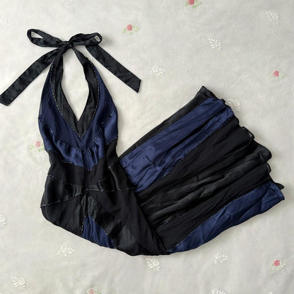 Dark Navy and Black Jumpsuit Fairy Halter Back Lace Up Women's Short/Midi satin Homecoming Dress, Evening Gown, Party Dress gh4122