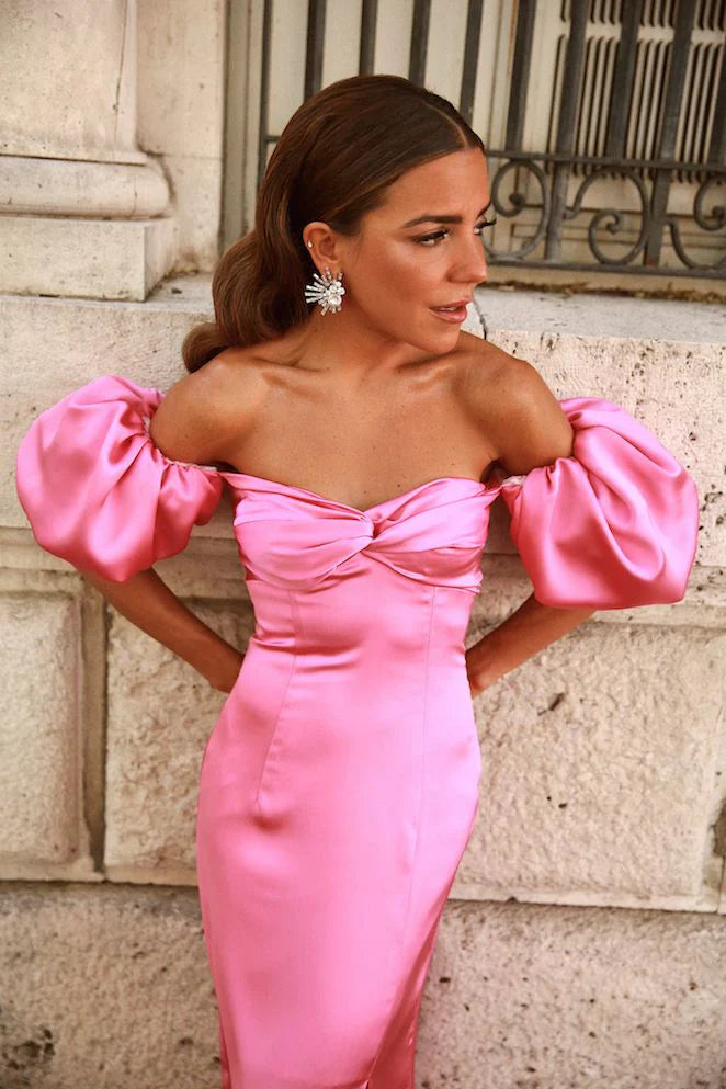 Gentle Pink Sheath Off the Shoulder Satin Long Prom Dress with Slit SH4542