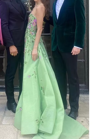 Pretty Sheath Strapless Green Floor Length Evening Dress Organza Prom Dresses With Embroidered P2388
