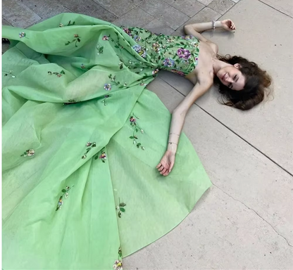 Pretty Sheath Strapless Green Floor Length Evening Dress Organza Prom Dresses With Embroidered P2388