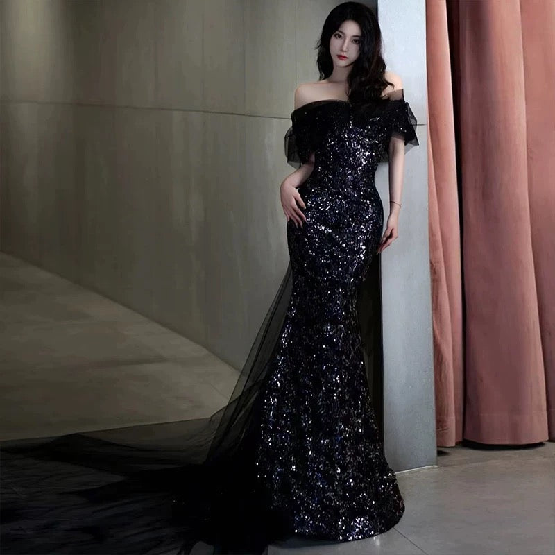 Sexy Mermaid Off The Shoulder Cap Sleeves Sequin Floor Length Black Prom Dresses P2399