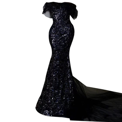 Sexy Mermaid Off The Shoulder Cap Sleeves Sequin Floor Length Black Prom Dresses P2399