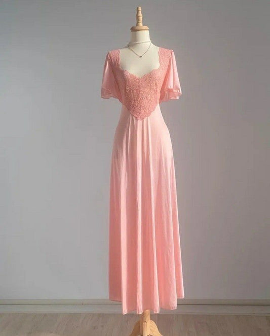 Retro Pink Long Bridesmaid Dress Lace Prom Dresses P2413