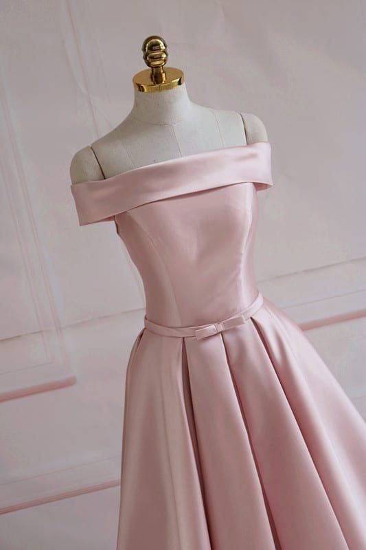 Modest Pink Satin Off The Shoulder Long Bridesmaid Dress Prom Dresses P2414