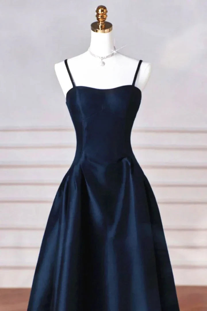 A-line Navy Blue Satin Straps Long Formal Dress Navy Blue Prom Dress P2490