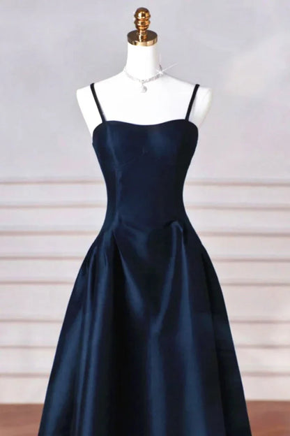 A-line Navy Blue Satin Straps Long Formal Dress Navy Blue Prom Dress P2490