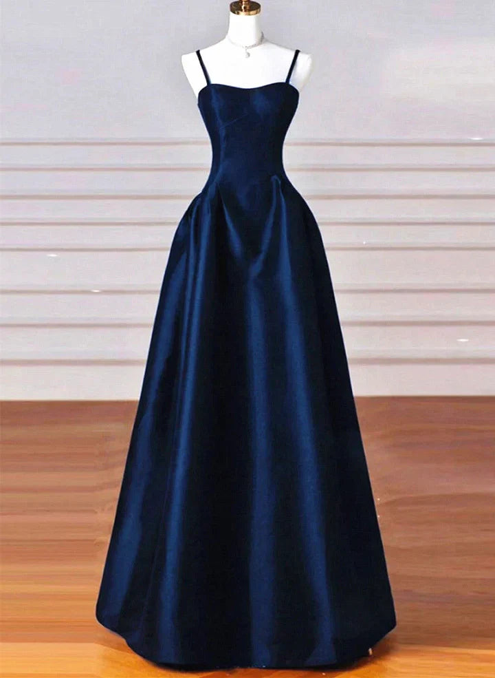 A-line Navy Blue Satin Straps Long Formal Dress Navy Blue Prom Dress P2490
