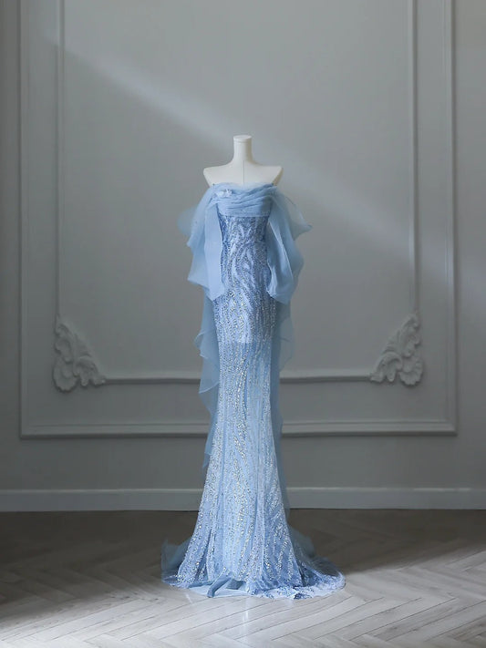 Aqua Blue Elegant Flowing Sequined Tulle Mermaid Prom Dress P2540