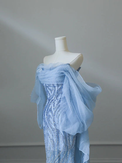 Aqua Blue Elegant Flowing Sequined Tulle Mermaid Prom Dress P2540