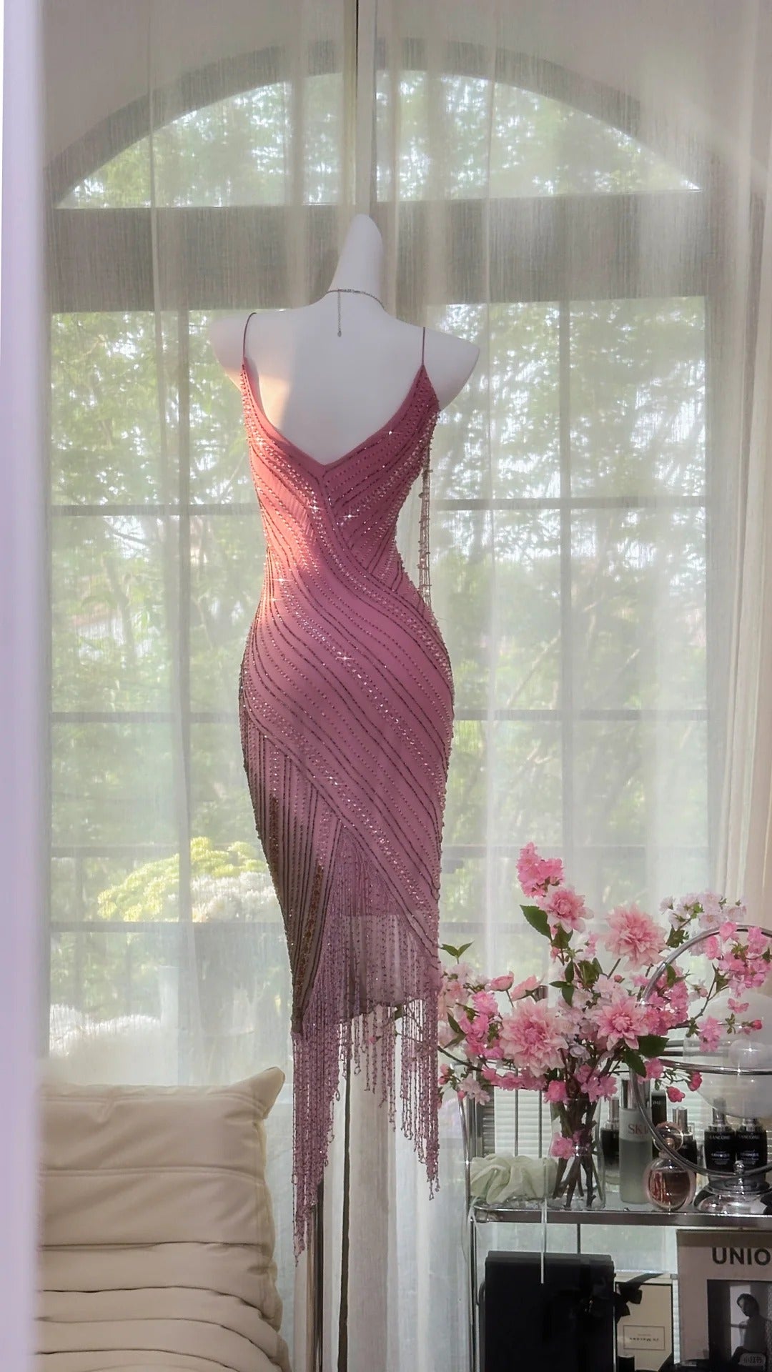 Luxurious Heavy Pink Tassel Beaded Mermaid Prom Dress P3270