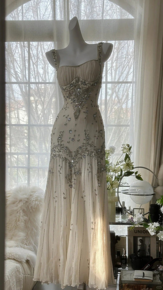 Vintage Ivory Beaded Chiffon Mermaid Prom Dress P3293