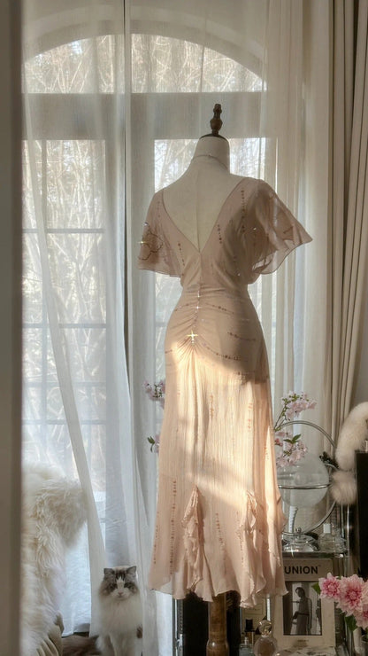 Elegant Pink V-neck Short-sleeved Chiffon Flowing Prom Dress P3309