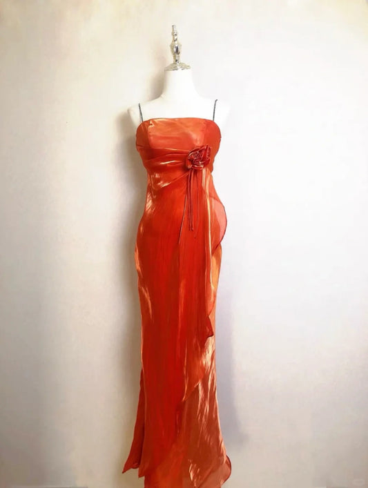 Beautiful Orange Shoulder Strap Laser 3D Flower Mermaid Prom Dress P3372