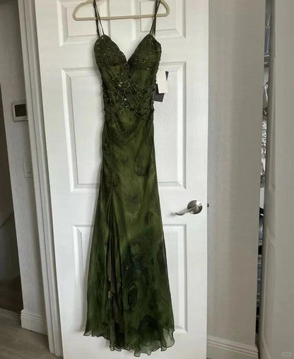Vintage Dark Green Beaded Strap Chiffon Mermaid Slit Prom Dress P3381