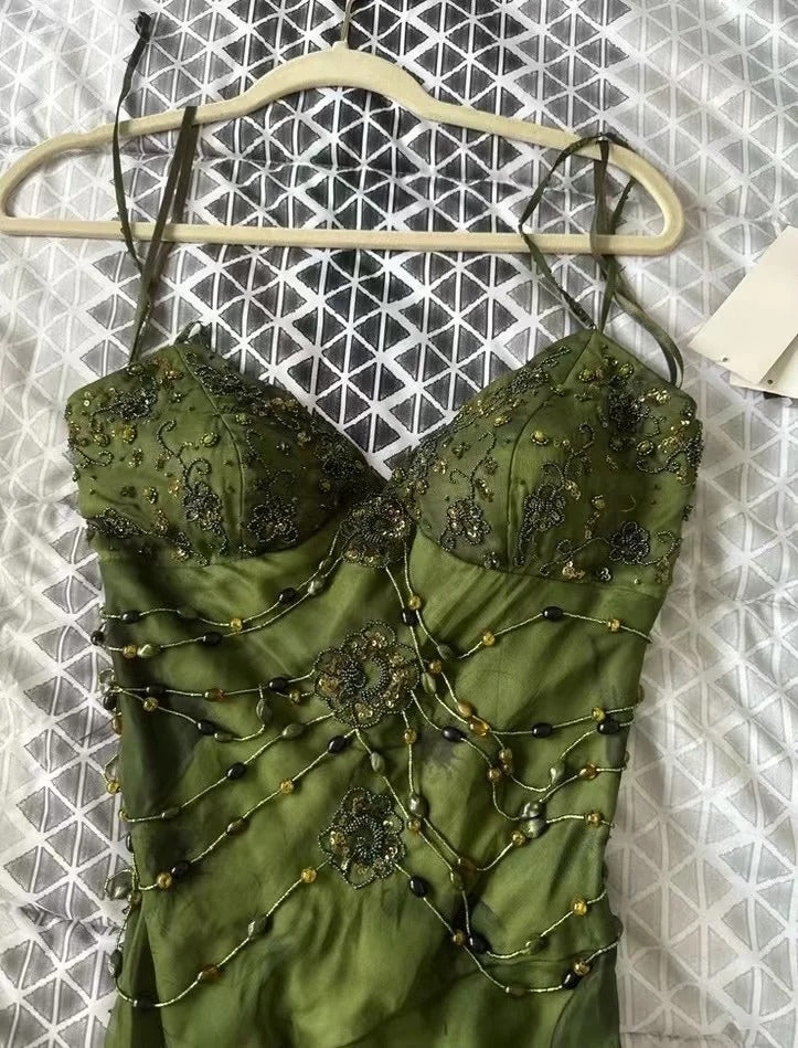 Vintage Dark Green Beaded Strap Chiffon Mermaid Slit Prom Dress P3381