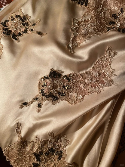 Sexy and Elegant Gold Beaded Lace V-Neck Slit Prom Dress P3385