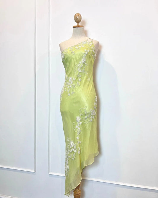 Fresh Green One Shoulder Sequin Embroidered Chiffon Mermaid Prom Dress P3392