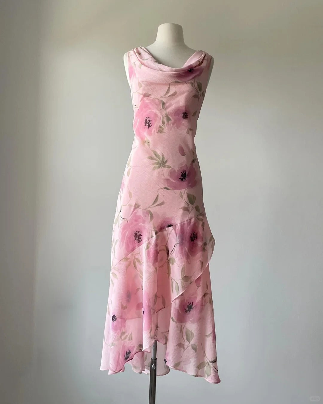 Cute Pink Printed Swing Neck Sleeveless Chiffon Prom Dress P3395
