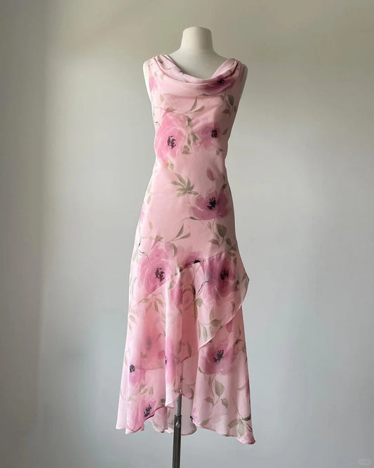 Cute Pink Printed Swing Neck Sleeveless Chiffon Prom Dress P3395