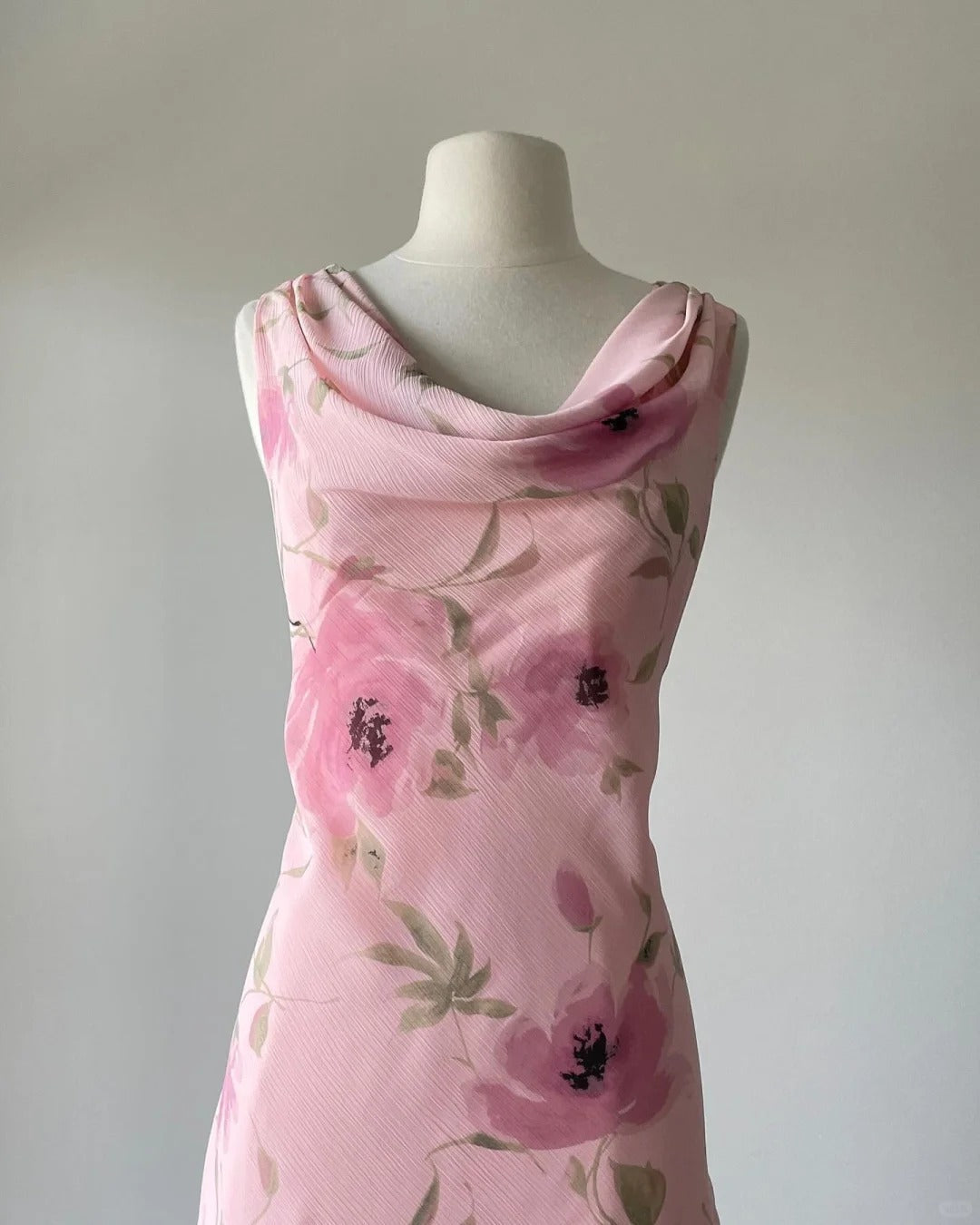 Cute Pink Printed Swing Neck Sleeveless Chiffon Prom Dress P3395