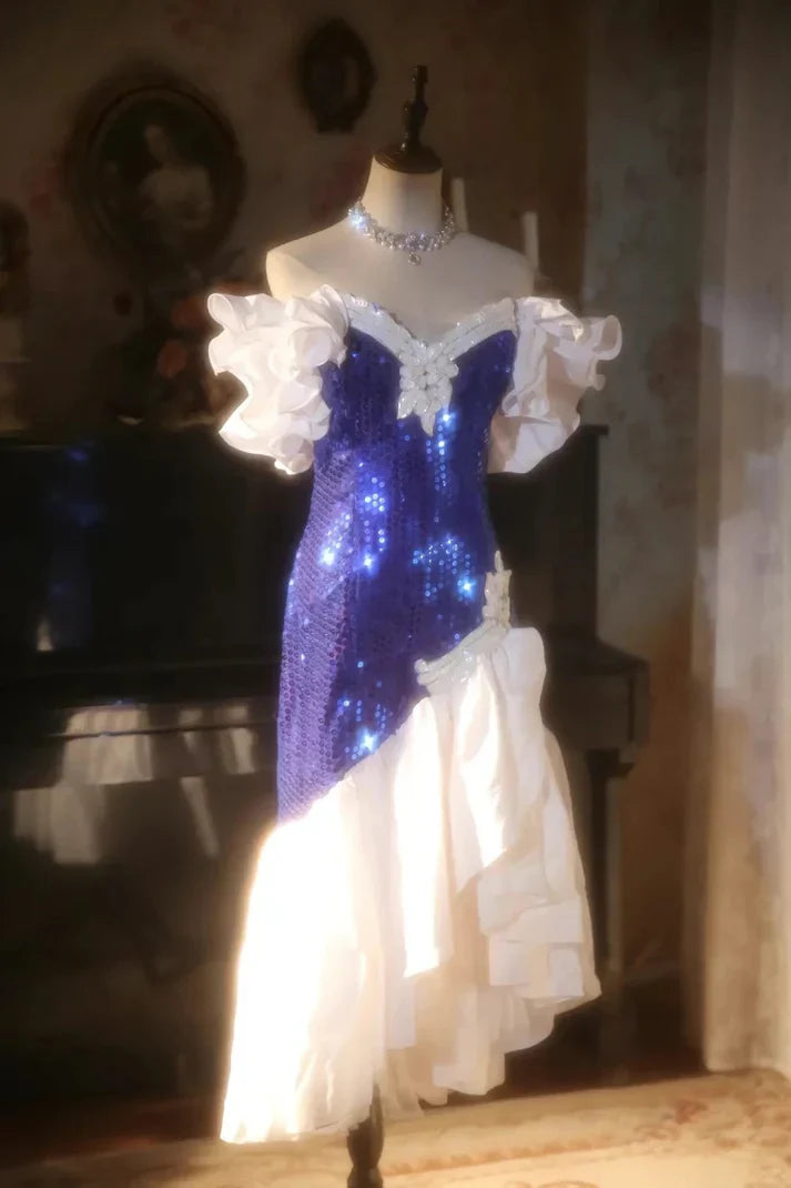 Shiny Mermaid Off the Shoulder Royal Blue Sequin Prom Dress Party Dress SH4069