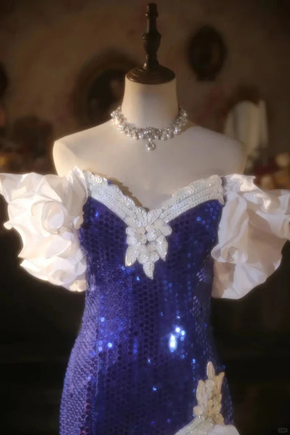 Shiny Mermaid Off the Shoulder Royal Blue Sequin Prom Dress Party Dress SH4069