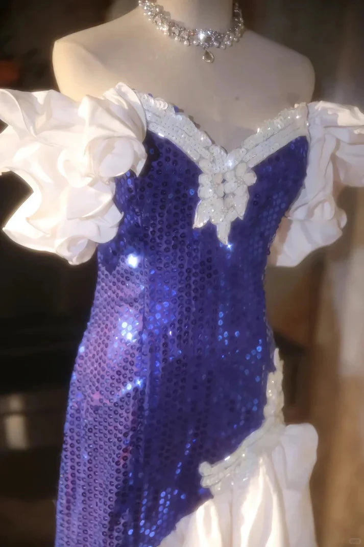 Shiny Mermaid Off the Shoulder Royal Blue Sequin Prom Dress Party Dress SH4069