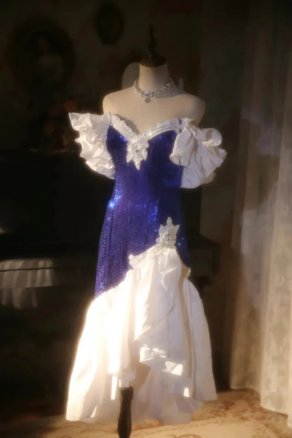 Shiny Mermaid Off the Shoulder Royal Blue Sequin Prom Dress Party Dress SH4069