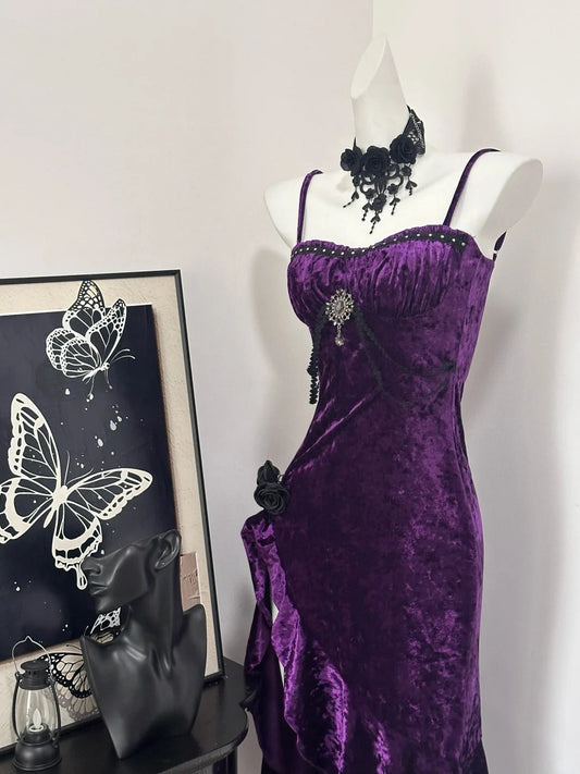 Charming Purple Velvet Spaghetti Strap Irregular Mermaid Prom Dress P3436
