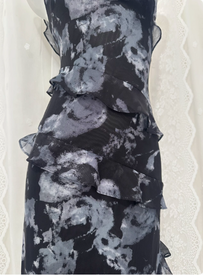 Soft Printed Lace One Shoulder Ruffle Slit Prom Dress P3462