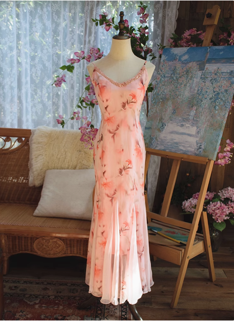 Beautiful Pink Printed Oil Painting V-neck Chiffon Mermaid Prom Dress P3472