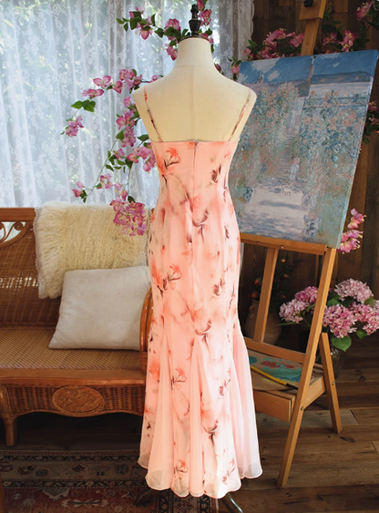 Beautiful Pink Printed Oil Painting V-neck Chiffon Mermaid Prom Dress P3472