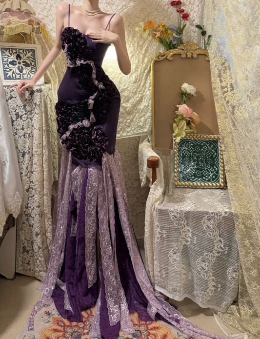 Charming Purple Heavy Strap Floral Lace Mermaid Prom Dress P3752