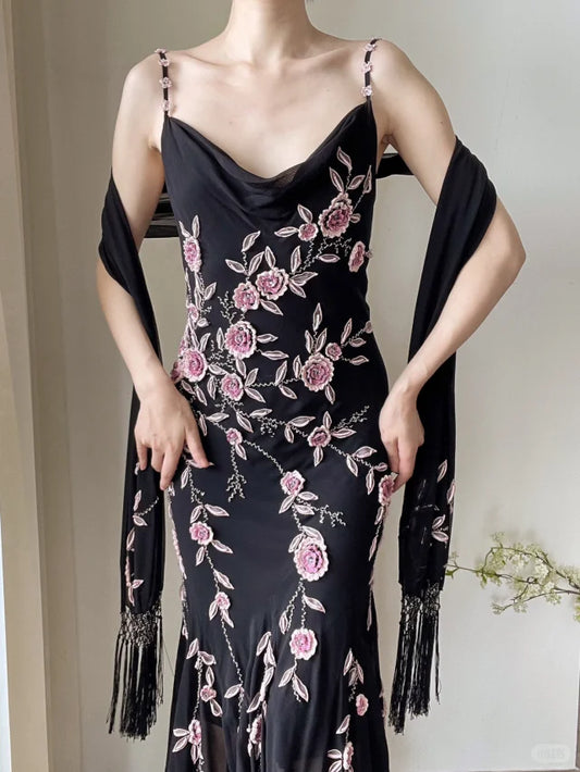 Elegant Swing Collar 3D Rose Strap Chiffon Mermaid Prom Dress P3786