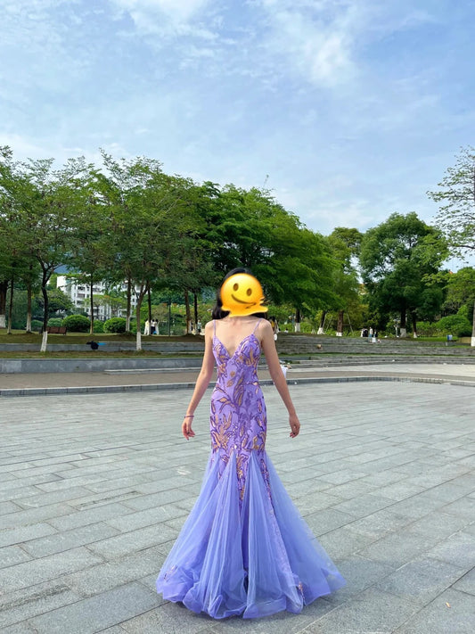 Stunning Purple Strappy V-Neck Printed Tulle Mermaid Prom Dress P3808