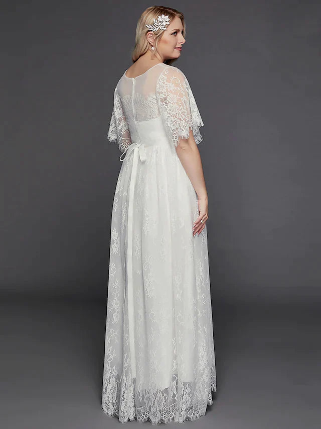 A-Line Wedding Dresses Illusion Neck Jewel Neck Floor Length Lace Tulle Half Sleeve Formal Boho Little White Dress See-Through with Beading Lace Insert